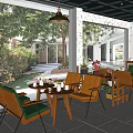 Cozy Cafe Interior With Wooden Chairs Green Cushions And Garden View