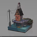 Waterfront Floating Building Featuring Triangular Roof Attic Platform Staircase Boat And Utility Pole Wires 3d model