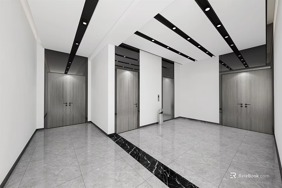 Modern Elevator Hallway With Sleek Design Marble Floor And Ceiling Light Strips 3d model