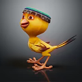 Cartoon Yellow Bird Character With Colorful Decorative Headband And 3D Model Design Features
