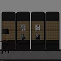 Modern Black Room Divider Featuring Rattan Panels Side Table and Decorative Posters 3d model