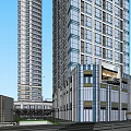 Modern High Rise Buildings With Glass Facades And Lower Base Structures