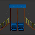 Blue Canopy Double Slide Playground Equipment With Orange Pillars And Yellow Handrails