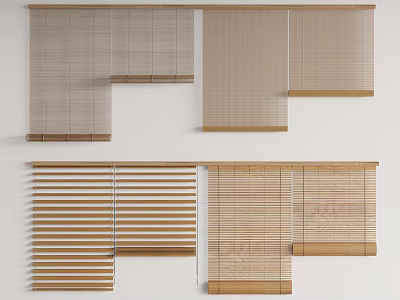 Various Styles of Window Blinds in Wooden and Bamboo Materials with Beige Tones 3d model