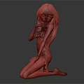 Female Character With Long Black Hair In Black Dress Kneeling Pose On Gray Gradient Background
