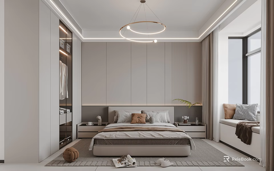 Modern Minimalist Bedroom Interior With Bed Nightstands Pendant Light Wardrobe And Carpet 3d model 