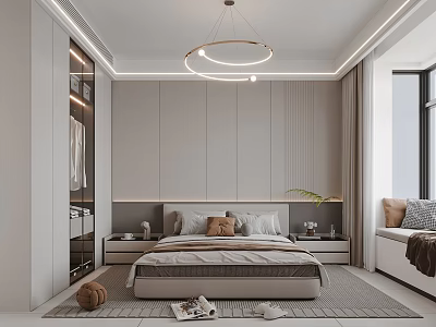 Modern Minimalist Bedroom Interior With Bed Nightstands Pendant Light Wardrobe And Carpet 3d model