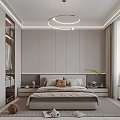 Modern Minimalist Bedroom Interior With Bed Nightstands Pendant Light Wardrobe And Carpet