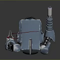 Mechanical Robot Character With Metal Legs Tire Weapon Components And Red Accents