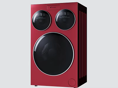 Red Modern Washing Machine With Dual Circular Displays And Large Round Door 3d model