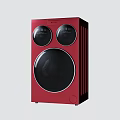 Red Modern Washing Machine With Dual Circular Displays And Large Round Door