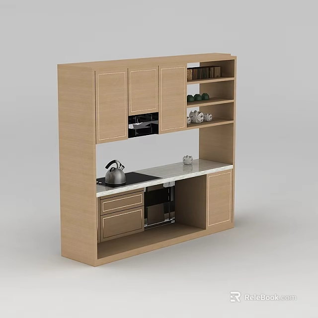 Modern Wooden Kitchen Cabinet With Stove Kettle Open Shelves And Decorations 3d model 