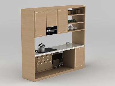 Modern Wooden Kitchen Cabinet With Stove Kettle Open Shelves And Decorations 3d model