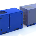 Blue Industrial Equipment Units With Metal Enclosures Vents And Control Panels