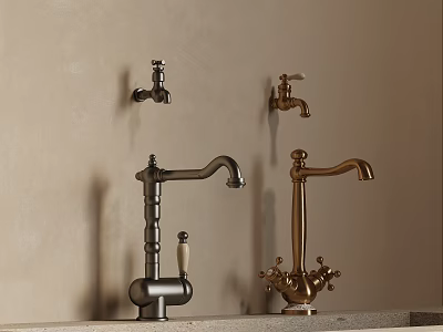 Brass And Gunmetal Vintage Faucets Mounted On Countertop Against Beige Wall Background 3d model