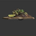 Three Fresh Tacos on Wooden Platter with Vegetables Cilantro Avocado Slices and Lime Wedge