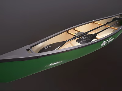 Recreational Green Wooden Canoe With Wooden Interior Frame And Black Paddles 3d model