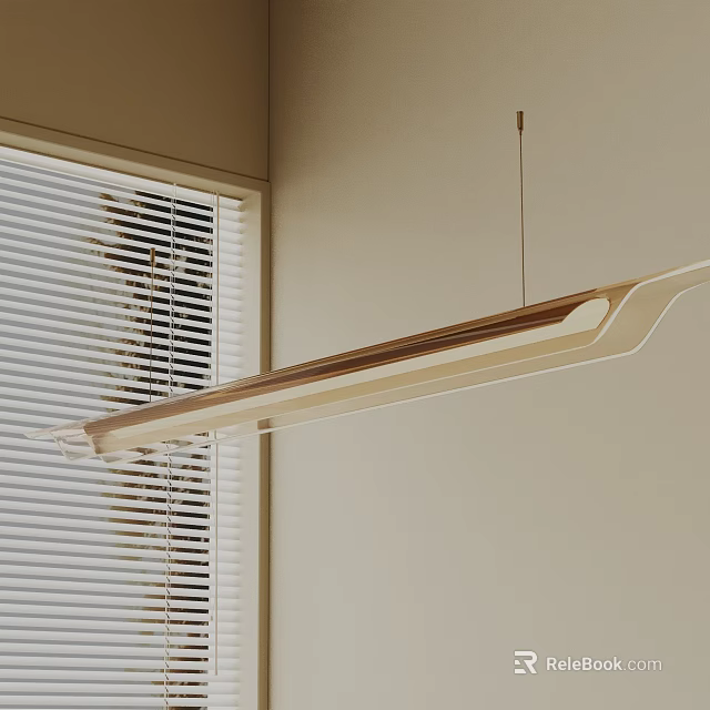 Modern Long Linear Pendant Light Hanging In Interior With Window Blinds And Light Colored Wall 3d model