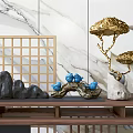 Traditional Console Table With Bamboo Screen Marble Backdrop And Decorative Ornaments 3d model
