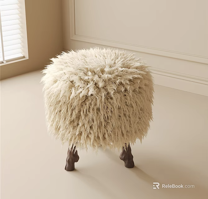 Cozy Fluffy Beige Stool With Soft Furry Surface And Wooden Legs For Living Room Interior 3d model 