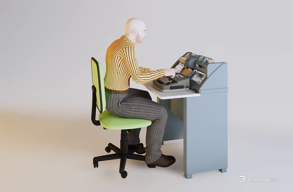 Game Movie Character Typing On Vintage Typewriter In Green Chair At Gray Desk 3d model 