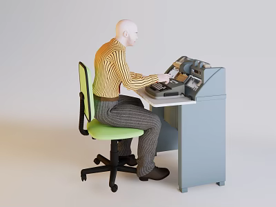 Game Movie Character Typing On Vintage Typewriter In Green Chair At Gray Desk 3d model