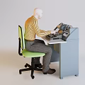 Game Movie Character Typing On Vintage Typewriter In Green Chair At Gray Desk