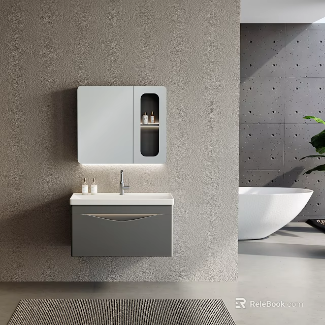 Modern Wall Mounted Bathroom Vanity Cabinet with White Sink Faucet and Storage Mirror Near Bathtub 3d model 