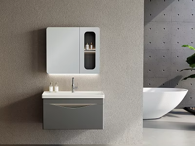 Modern Wall Mounted Bathroom Vanity Cabinet with White Sink Faucet and Storage Mirror Near Bathtub 3d model