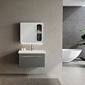 Modern Wall Mounted Bathroom Vanity Cabinet with White Sink Faucet and Storage Mirror Near Bathtub
