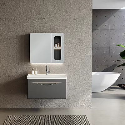 Modern Wall Mounted Bathroom Vanity Cabinet with White Sink Faucet and Storage Mirror Near Bathtub 3d model