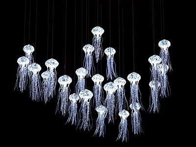 Jellyfish Shaped Chandelier Cluster With Hanging Illuminated Tentacle Details Against Black Background 3d model