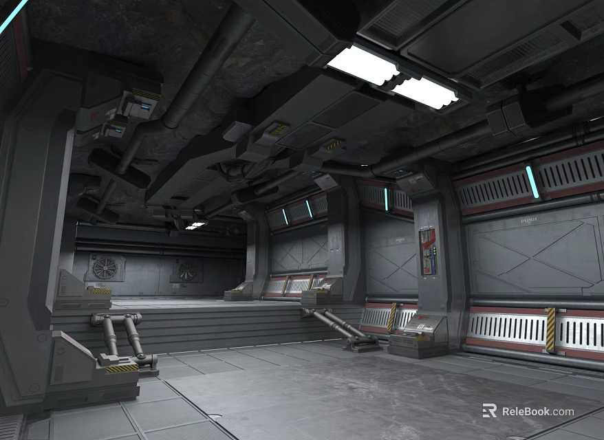 Industrial Elevator Corridor With Metal Walls Ceiling Lights Steps And Control Panels 3d model 