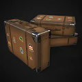 Two Vintage Brown Suitcases With Colorful Travel Stickers And Metal Corners