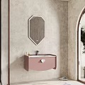 Pink Wall Mounted Washbasin Vanity With White Framed Octagonal Mirror And Beige Textured Wall