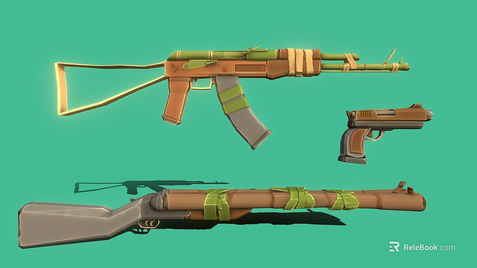 Assault Rifle Pistol And Long Gun Weapons With Brown Body And Green Straps 3d model 