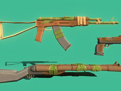 Assault Rifle Pistol And Long Gun Weapons With Brown Body And Green Straps 3d model Assault Rifle Pistol And Long Gun Weapons With Brown Body And Green Straps 3d model
