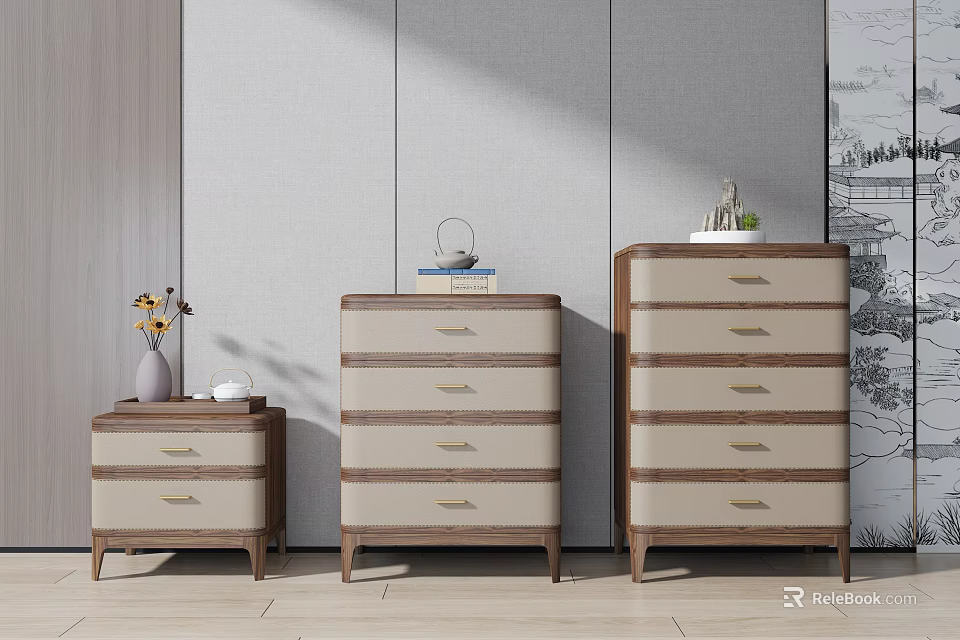 Modern Style Dressers With Different Sizes Beige And Wooden Finish And Metal Handles 3d model 