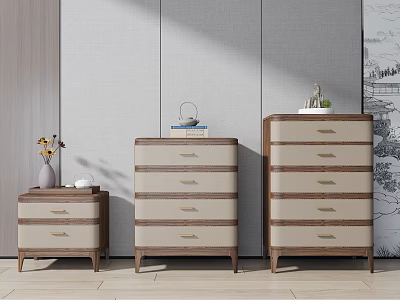 Modern Style Dressers With Different Sizes Beige And Wooden Finish And Metal Handles 3d model