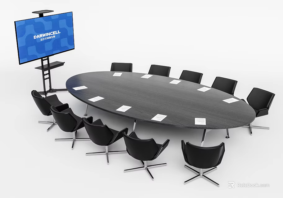 Oval Conference Table With Black Chairs And Large Screen In Meeting Room 3d model 