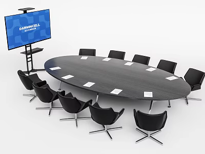 Oval Conference Table With Black Chairs And Large Screen In Meeting Room 3d model