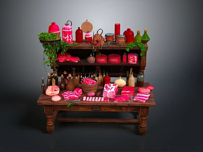 Assorted Food On Wooden Shelf Table With Red Pink Meat Bottled Spices Green Plant Decor 3d model