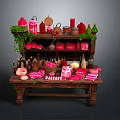 Assorted Food On Wooden Shelf Table With Red Pink Meat Bottled Spices Green Plant Decor