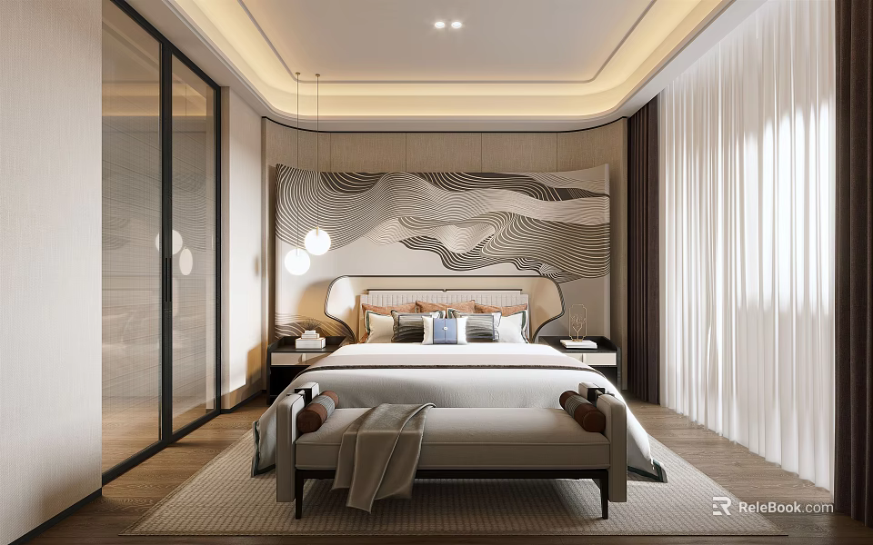 Modern Bedroom Interior With Wavy Pattern Wall Pendant Lights And Wooden Flooring 3d model 