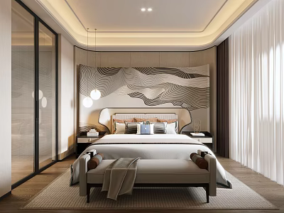 Modern Bedroom Interior With Wavy Pattern Wall Pendant Lights And Wooden Flooring 3d model