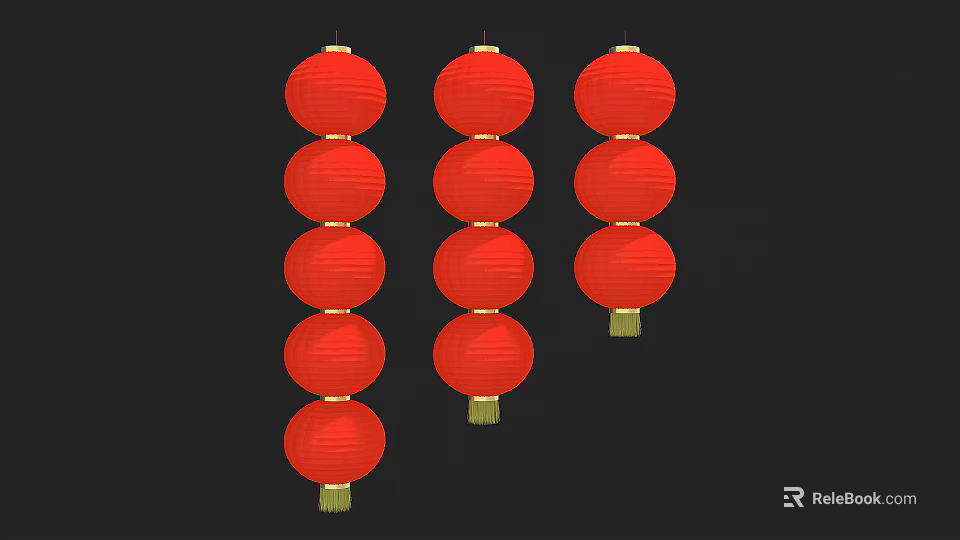 Three Strings of Red Lanterns with Multiple Round Lanterns on Black Background 3d model 