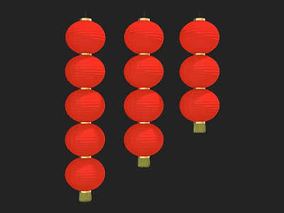 Three Strings of Red Lanterns with Multiple Round Lanterns on Black Background 3d model