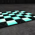 Mirror Checkerboard Floor Tiles Illuminated With Blue Lighting In Dark Spacious Room
