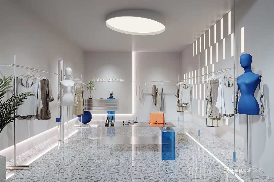 Modern Clothing Store Interior Design With Mannequins Clothing Displays And Lighting 3d model 