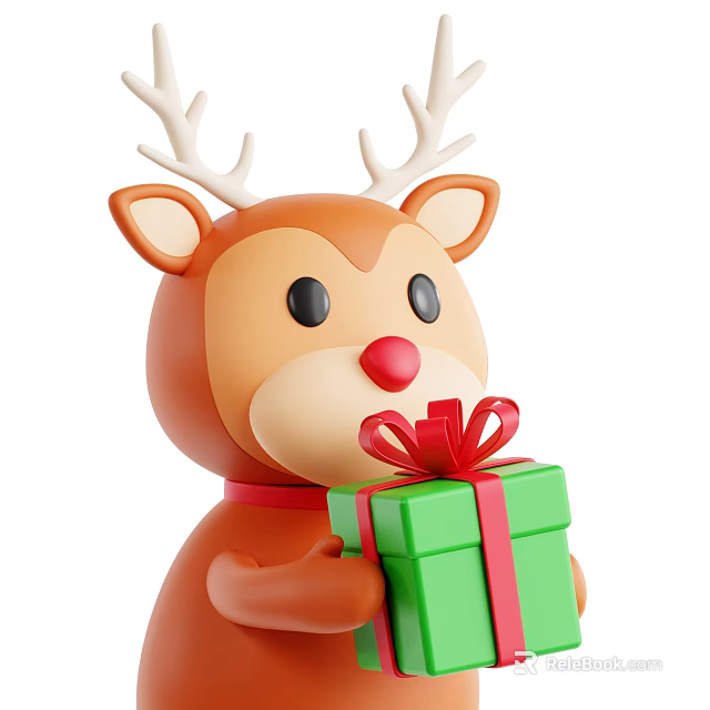 Cute Brown Reindeer Decorative Ornament Set With Green Gift Box And Red Bow 3d model 